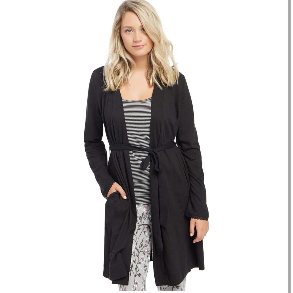 Maternity‎ Robe Black Size S/M long sleeve Tie waist lace